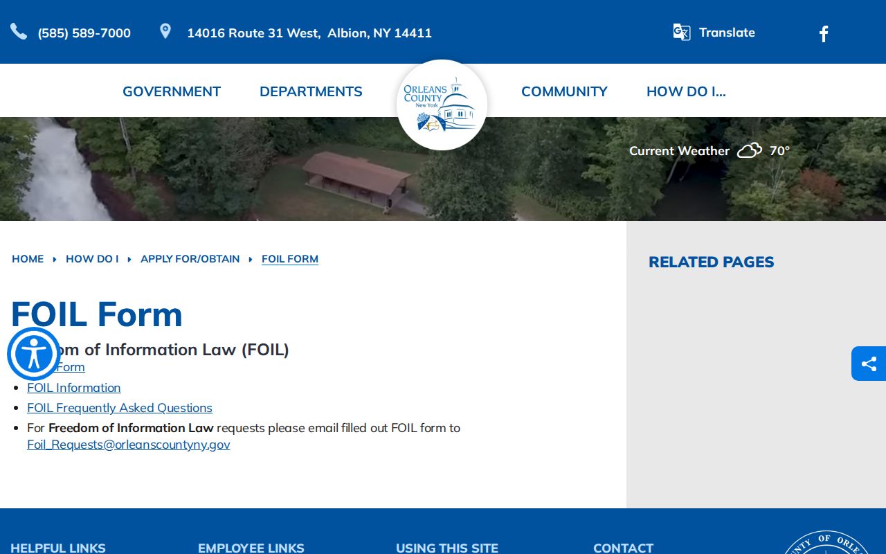 Orleans County FOIL form page for historical booking-record requests