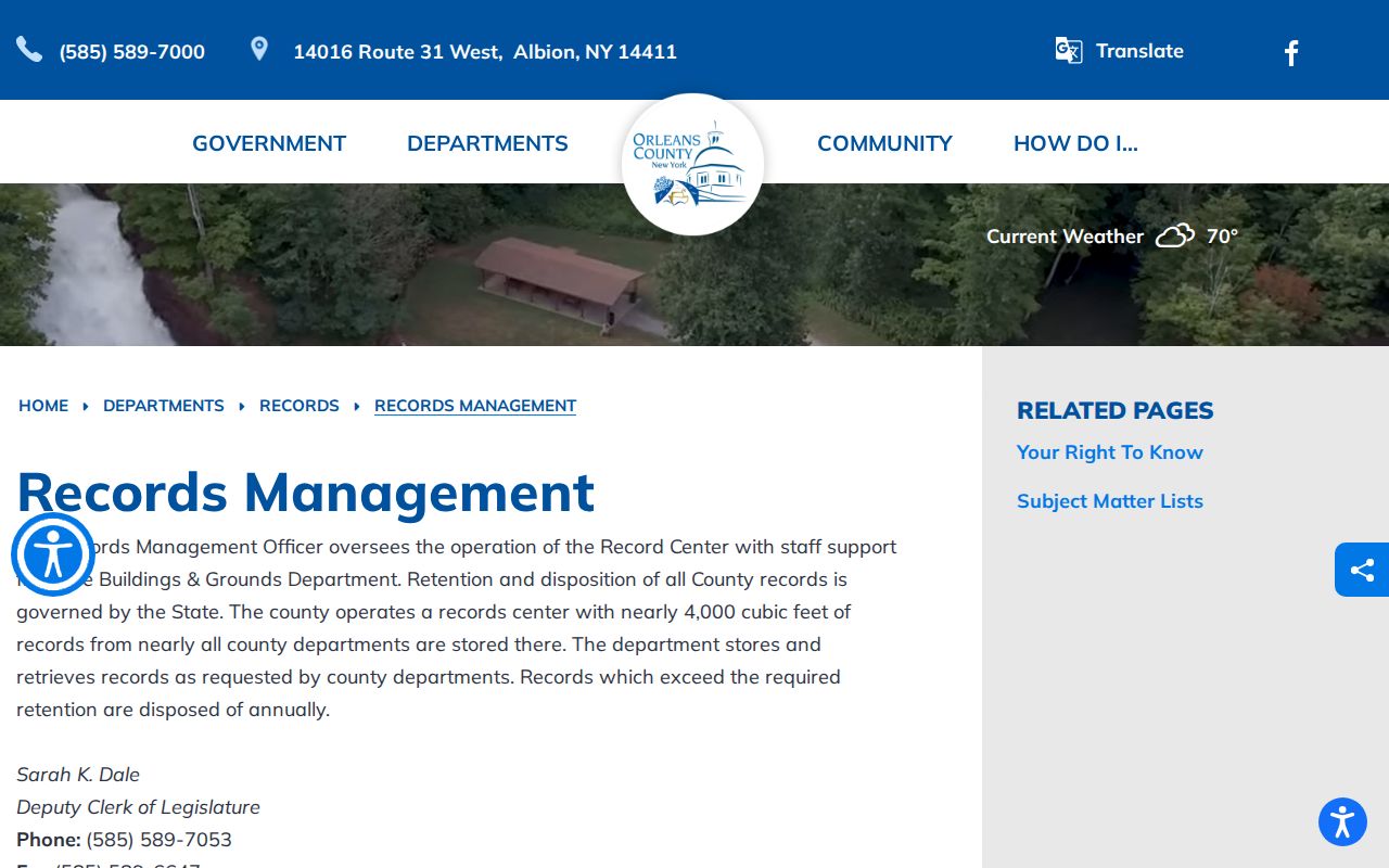 Orleans County records management page for booking-record retention research