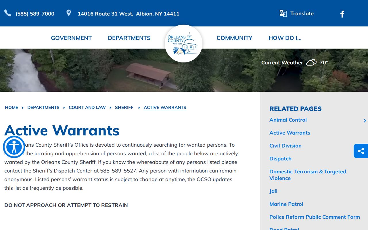 Screenshot of the Orleans County Sheriff Active Warrants webpage