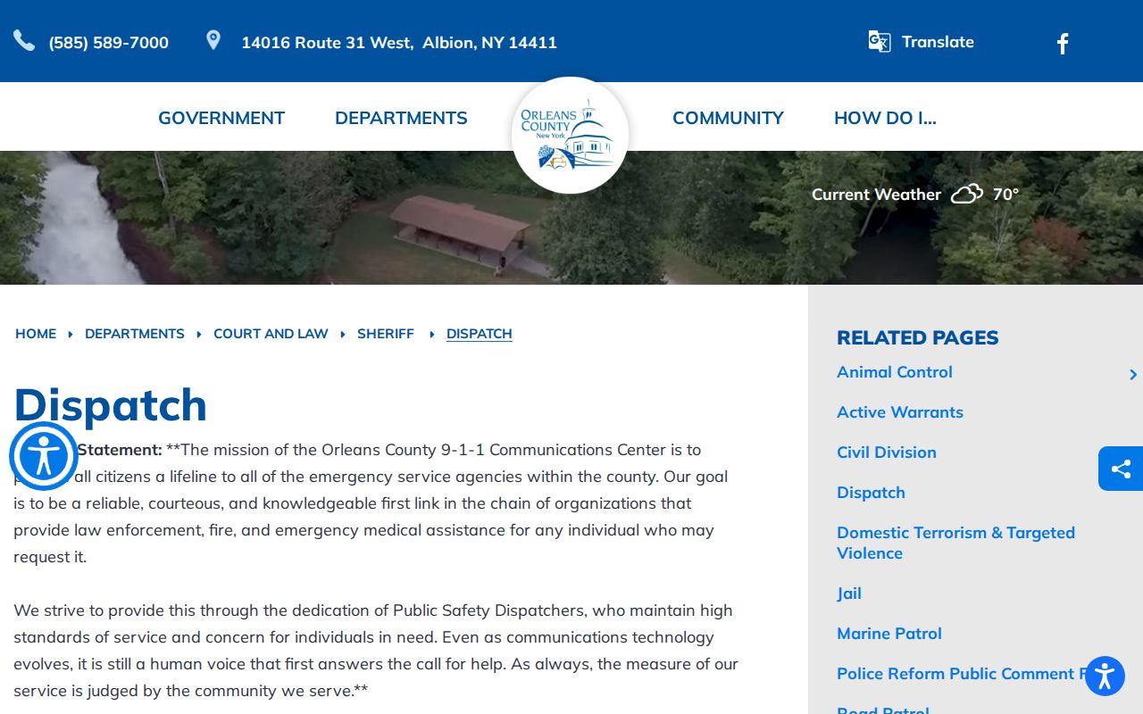 Orleans County Sheriff dispatch page explaining non-emergency arrest-information limits
