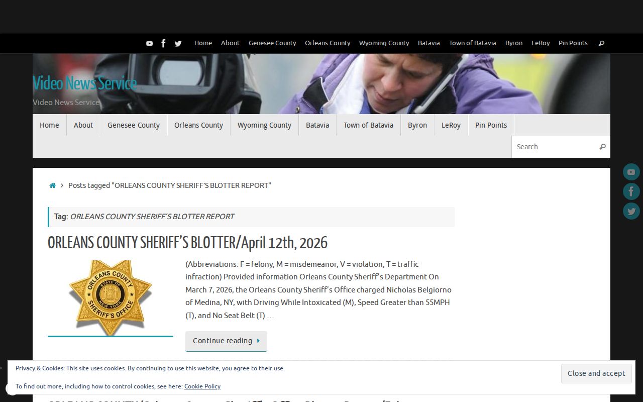Screenshot of the Video News Service Orleans County Sheriff blotter archive